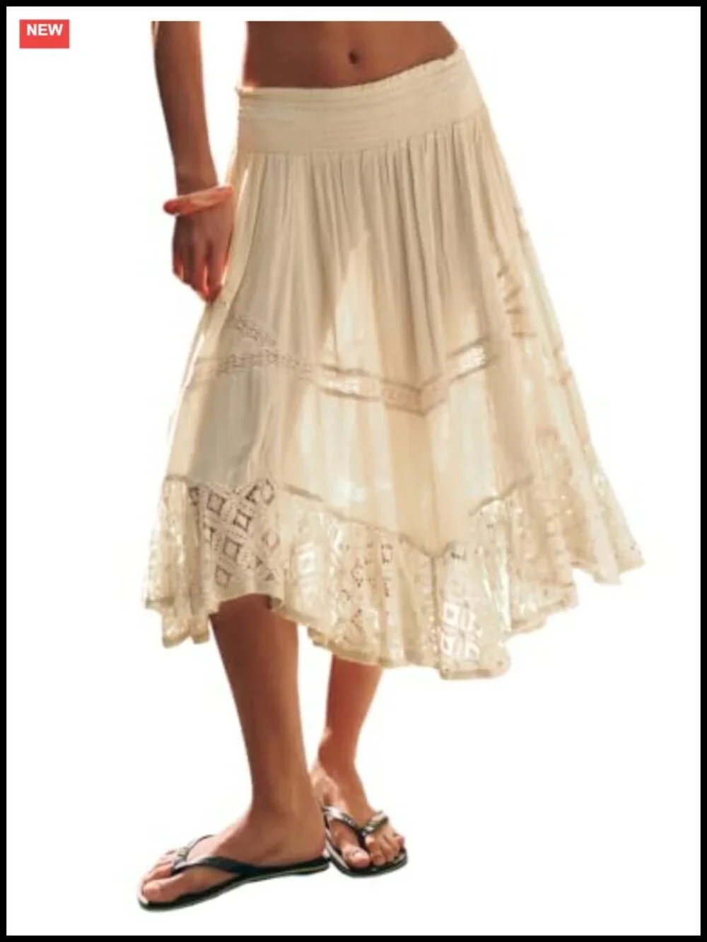 Asymmetrical Lace Tiered Flowy Boho Skirt | Elastic Waist Midi A-Line